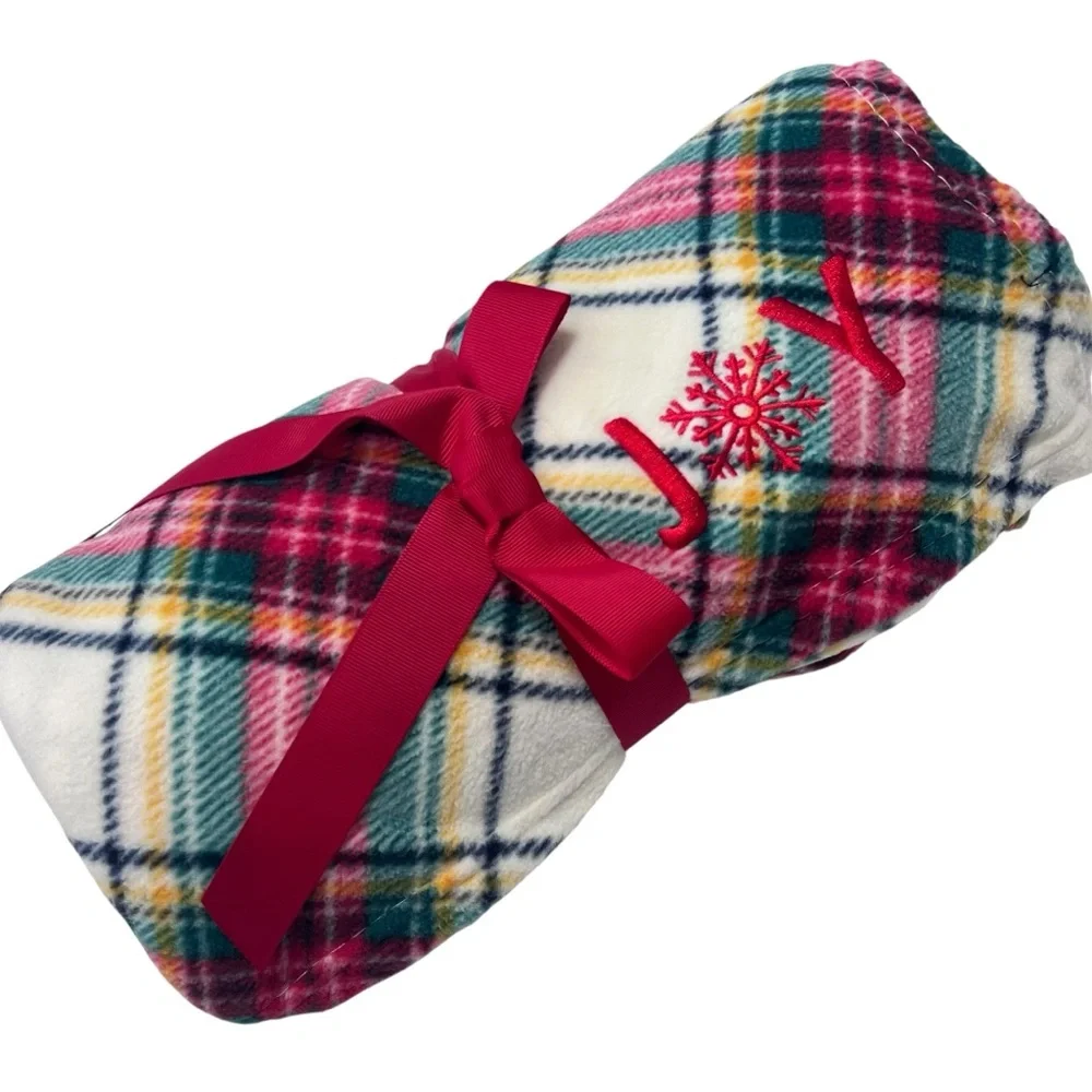 NWT Talbots Tartan Plaid Fleece Blanket Throw JOY 48 x 60 Cabincore Cozy Holiday